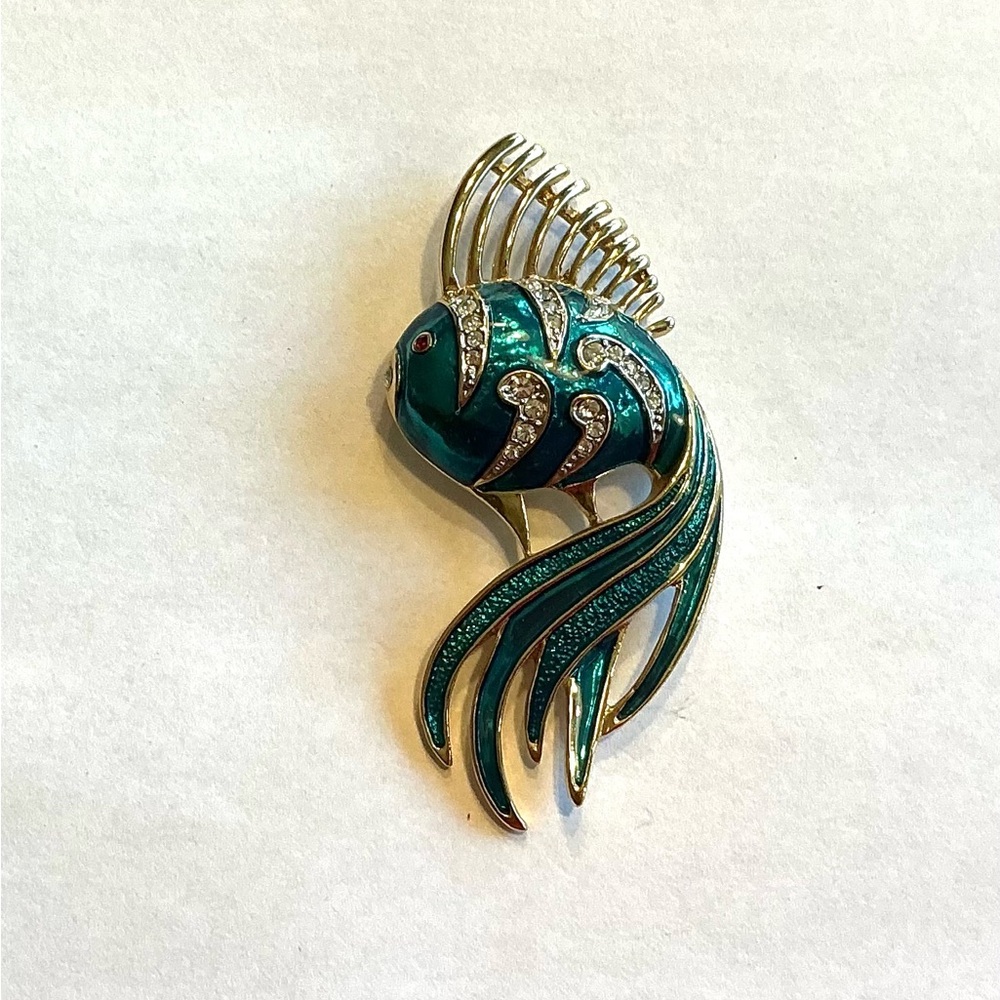 Vintage Fifth Avenue, Teal Enamel and Rhinestones Fish Brooch